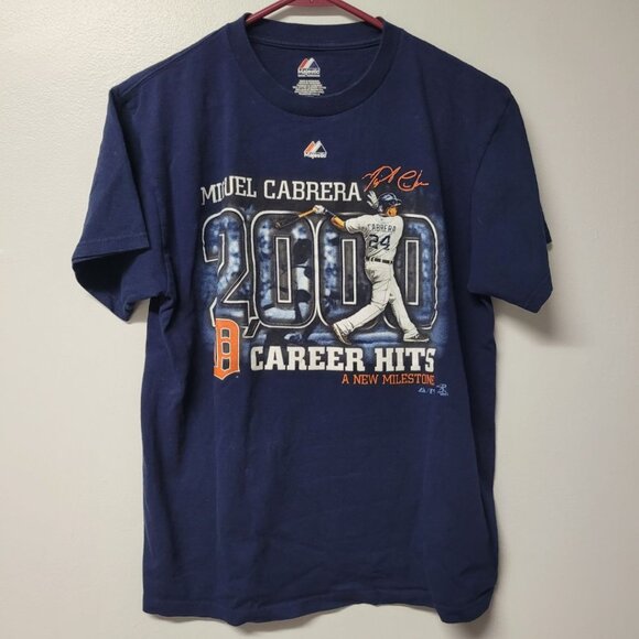 Majestic Detroit Tigers Miguel Cabrera Baseball Tee 2000 Career Hits Blue Mens M - Picture 1 of 7